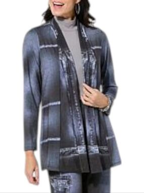 Antthony Women's Printed Denim Studio Stretch Cardigan Grey Blue